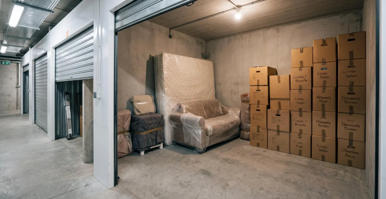 Intérieur d'un box de garde-meuble correctement organisé avec cartons empilés et meubles protégés