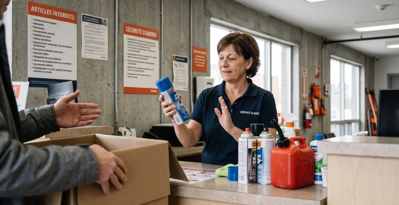 Employé de garde-meuble inspectant des produits interdits apportés par un client au comptoir d'accueil