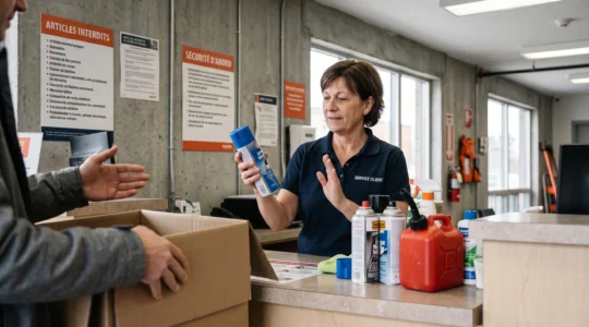 Employé de garde-meuble inspectant des produits interdits apportés par un client au comptoir d'accueil