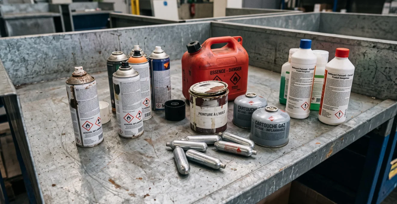 Collection de produits dangereux interdits en garde-meuble sur une table d'inspection incluant aérosols, peinture et carburant